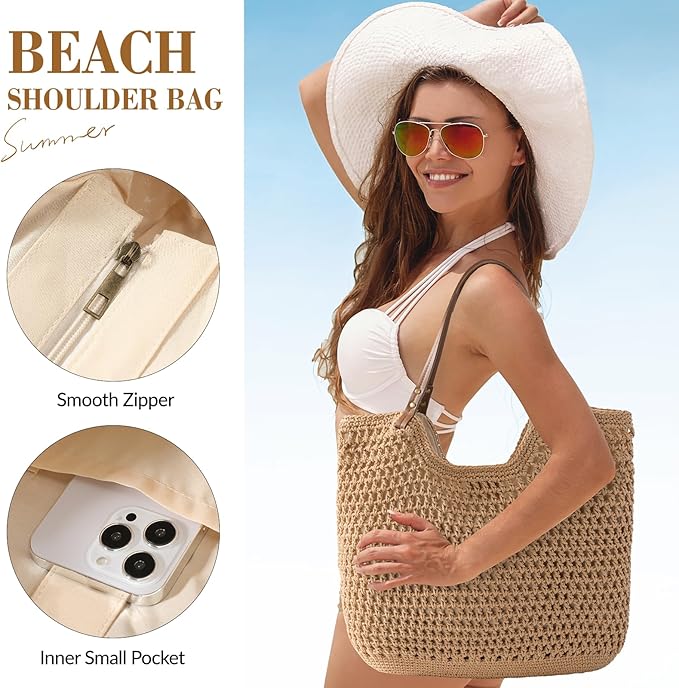 Pleneal Crochet Beach Bags for Women, Summer Beach Tote Bag, Soft Woven Purses Shoulder Bag for Vacation